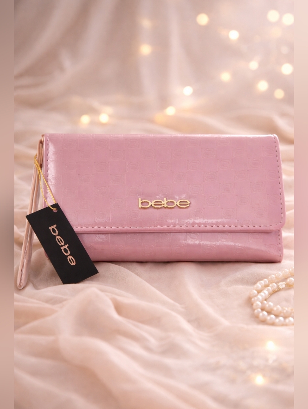 Bebe Ravenna Embossed Trifold Wallet Mauve Glossy BB Logo NWT